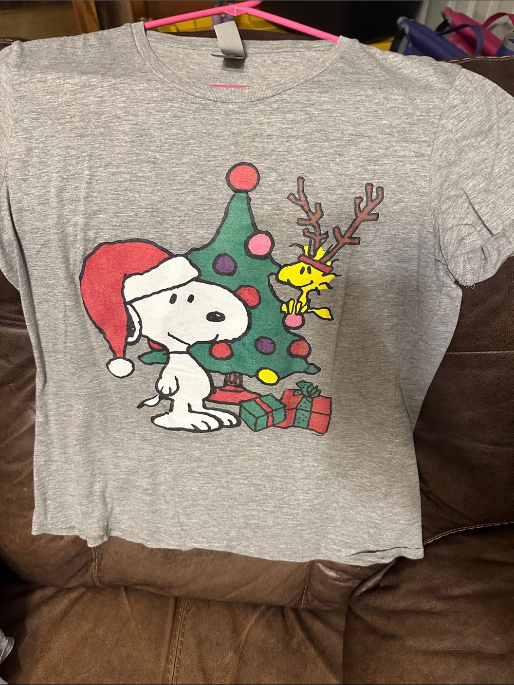 Snoopy Christmas Graphic Tee - Grey Holiday Short Sleeve